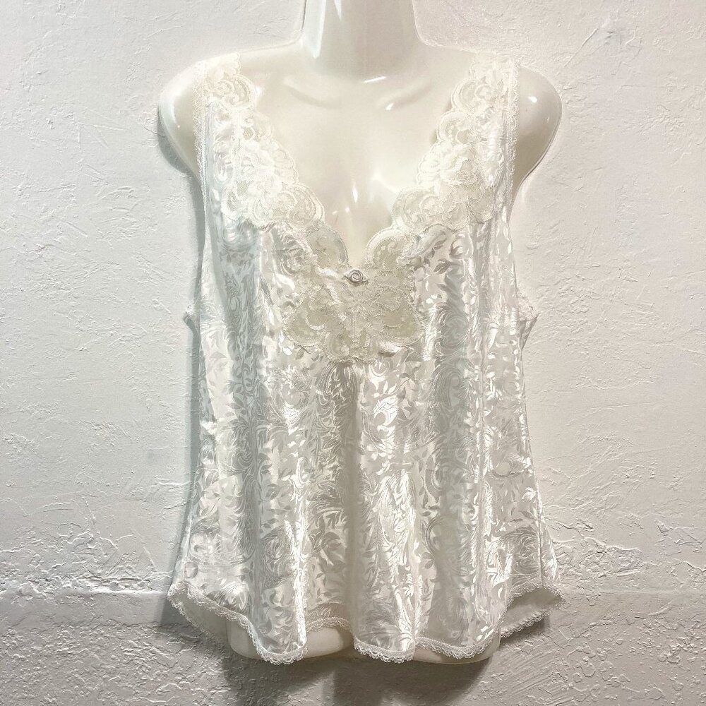 Vintage Y2K Deena Lingerie Camisole Tank Top Coquette White Satin Jacquard XL